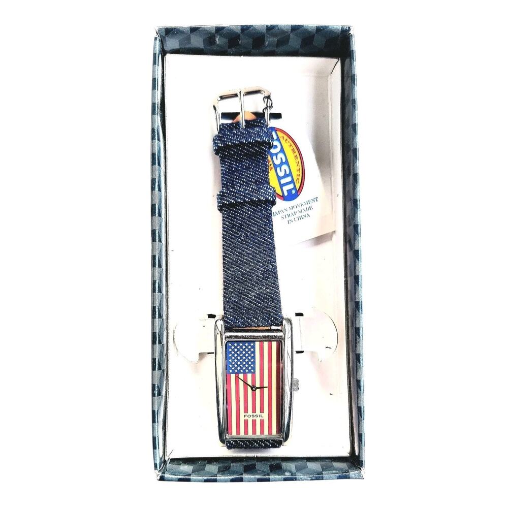 FOSSIL Watch JR-8059 Patriotic US Flag Quartz Stainless Steel Denim Leather